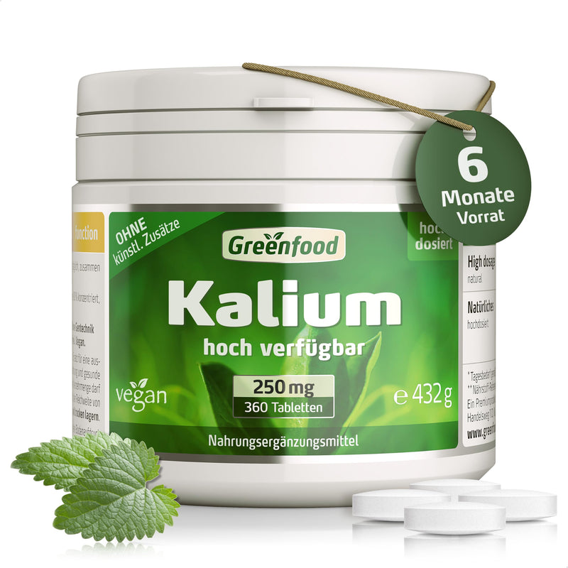 [Australia] - Greenfood Potassium, 250 mg, 360 tablets - nervous system, muscle function and blood pressure. WITHOUT artificial additives. Without genetic engineering. Vegan. 360 pieces (pack of 1) 