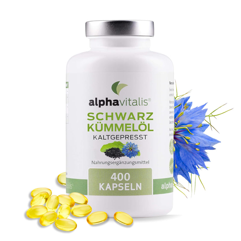 [Australia] - High-dose black cumin oil capsules - 400 pieces - cold-pressed and natural with vitamin E - 1000 mg oil per daily serving - Black Seed Oil from Egypt, manufactured by Alphavitalis 