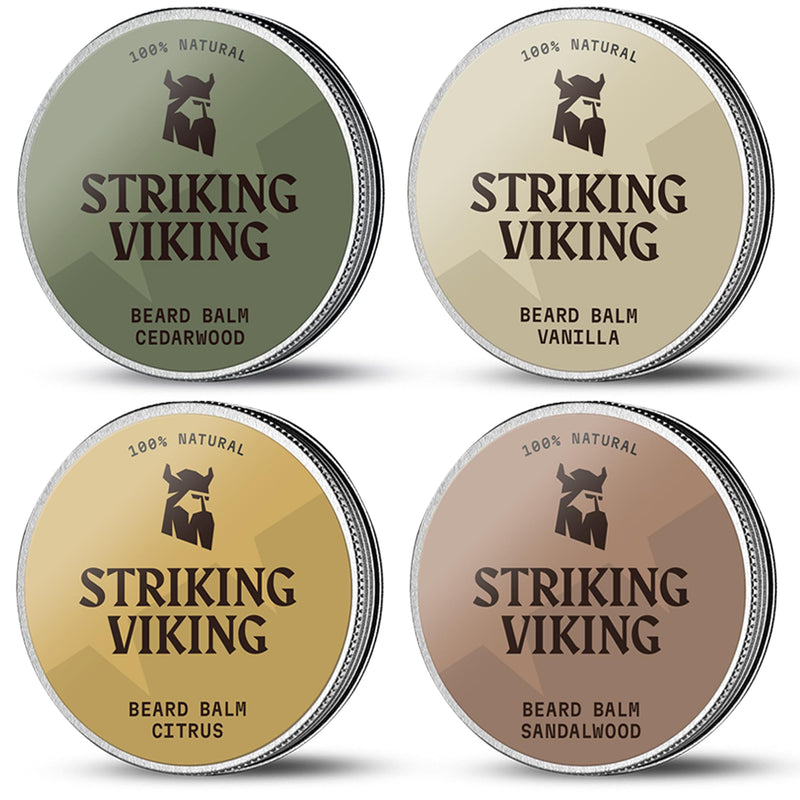[Australia] - Striking Viking Beard Balm 4 Pack - Four 1 oz. Tin cans - beard balms sandalwood, cedar wood, vanilla & citrus fruits - beard growth products for strong beards - beard oil skin care 