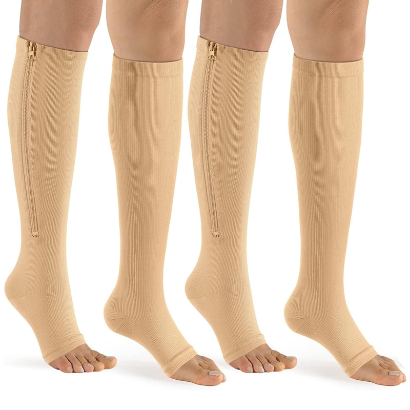 [Australia] - bropite Compression Socks with Zip, 2 Pairs, Calf Height, Open Toe, Compression Socks L-XL B- NUDE 