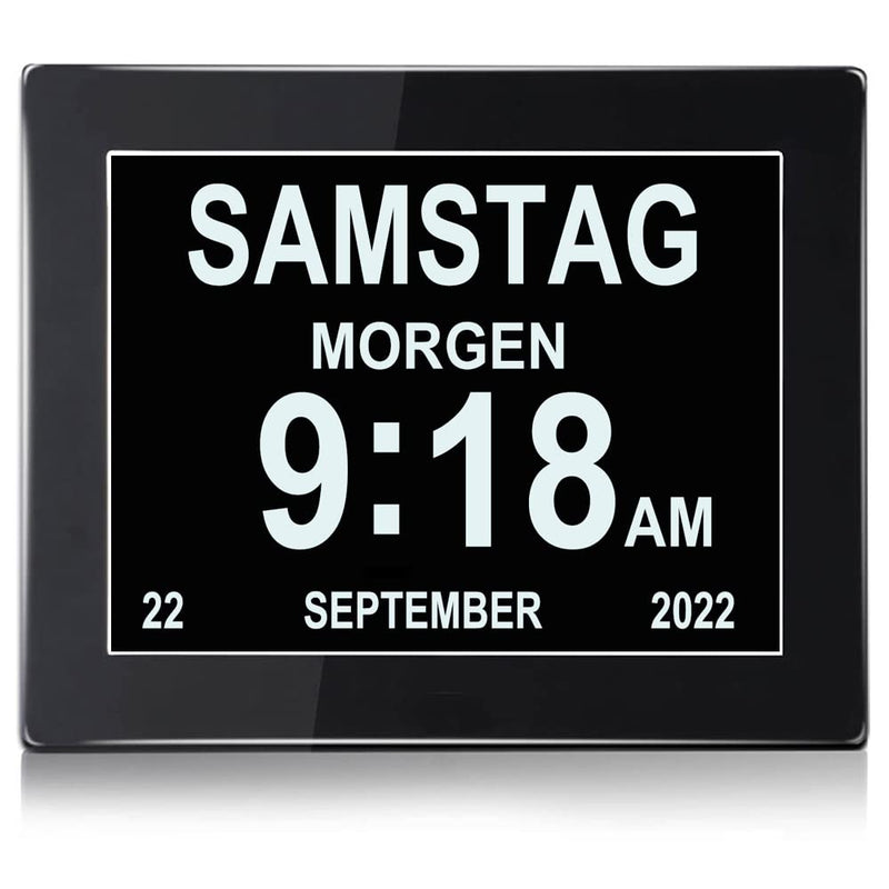 [Australia] - Ykall Digital Alarm Clock, 8-Inch Senior Clock with Calendar and Day Display, Dementia Clock for Seniors, Children, Visually Impaired and Alzheimer's Patients (Black) Black 