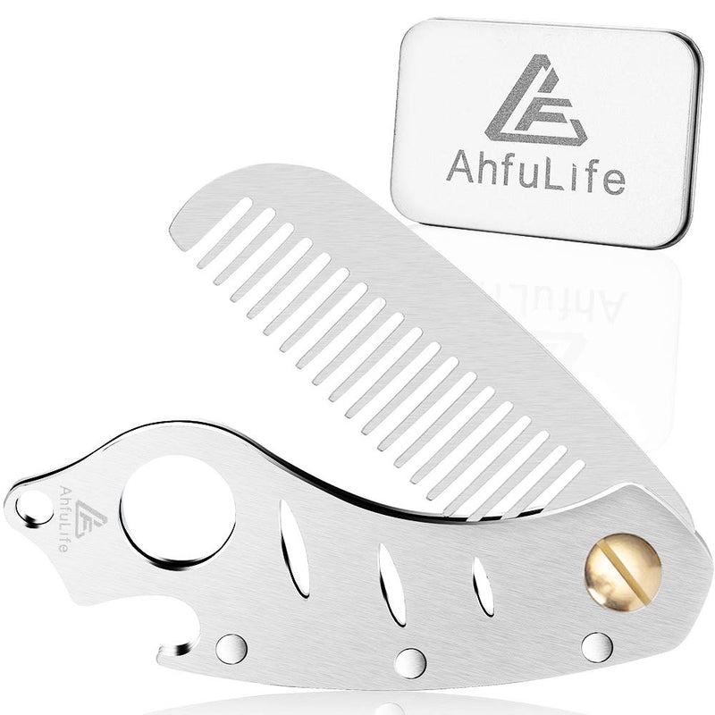 [Australia] - AhfuLife Foldable Metal Comb and Beard Comb - Multifunctional Pocket Comb with Bottle Openers - Anti-Static Stainless Steel Grooming Comb - Presented in Gift Box. Silver 