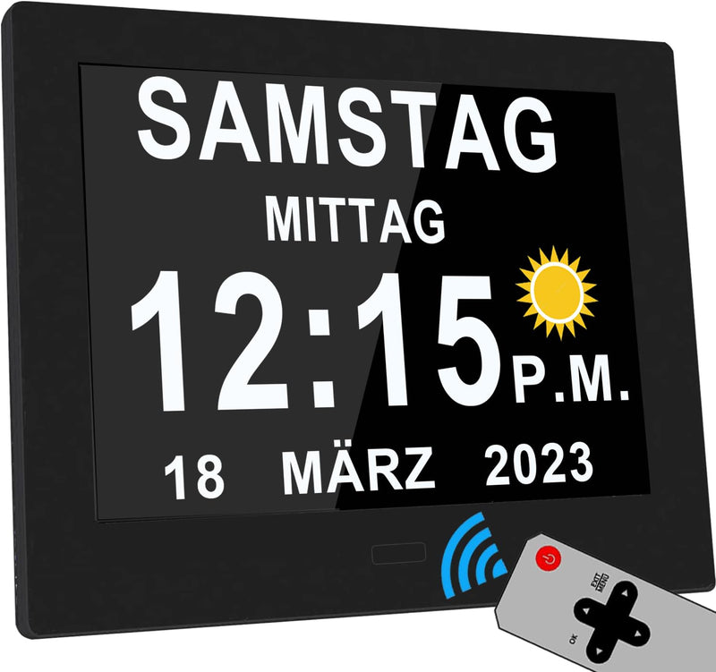 [Australia] - Véfaîî 2024 New, 19 Alarms Electronic Day Date Calendar Clock, Non-Abbreviated Day Date Large Clock for Seniors with Dementia Alzheimer - with Remote Control - 8 Inch with Remote Control Black 