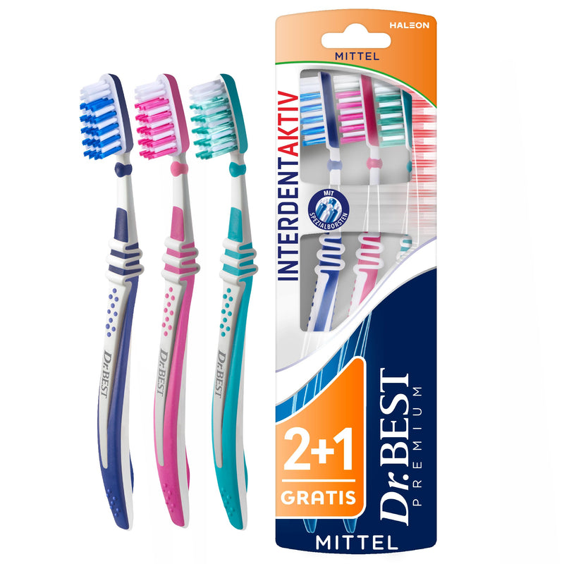 [Australia] - Dr.BEST Interdent Active toothbrush, medium, value pack (2 pieces + 1 free piece), for thorough cleaning right into the spaces between the teeth 