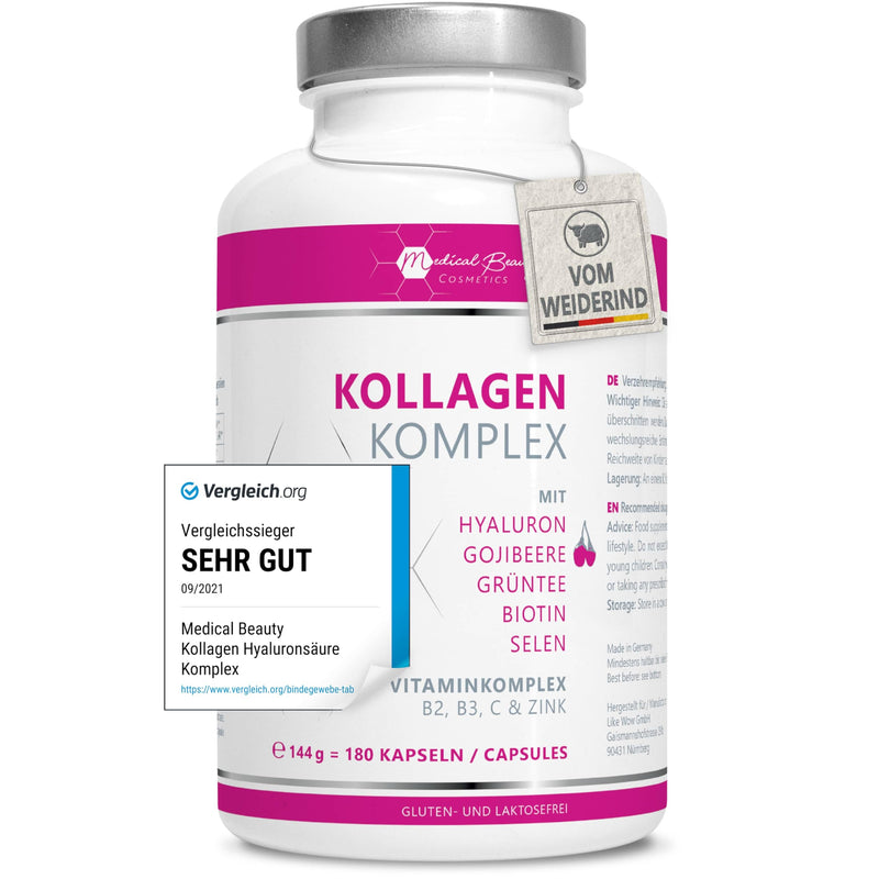 [Australia] - Premium collagen hyaluronic acid complex - with the superfood goji berry and green tea - 180 collagen capsules from pasture-raised beef. 1000mg collagen hydrolyzate, biotin, selenium, zinc, vitamins C, B2, B3. Laboratory tested 