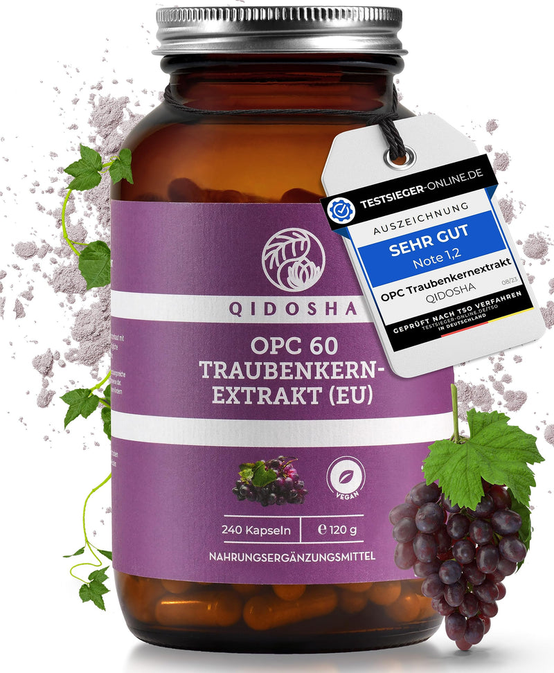 [Australia] - QIDOSHA® Premium OPC grape seed extract high dosage I TEST WINNER 08/2023* I 240 pieces in a glass I OPC capsules high dosage with 60% pure OPC I 800mg grape seed extract with 480mg OPC per daily dose I vegan glass (240 capsules) 