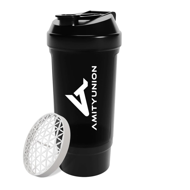 [Australia] - AMITYUNION protein shaker FYRA 700 ml with container - powder compartment - protein shaker, BPA free with sieve and scale for whey and BCCA shakes, gym fitness cup isolate diet sport midnight black 