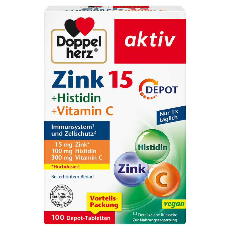 [Australia] - Doppelherz Zinc 15 + Histidine + Vitamin C - 15 mg Zinc as a contribution to the normal function of the immune system and to the maintenance of normal skin - 100 vegan depot tablets 100 DEPOT tablets (pack of 1) 