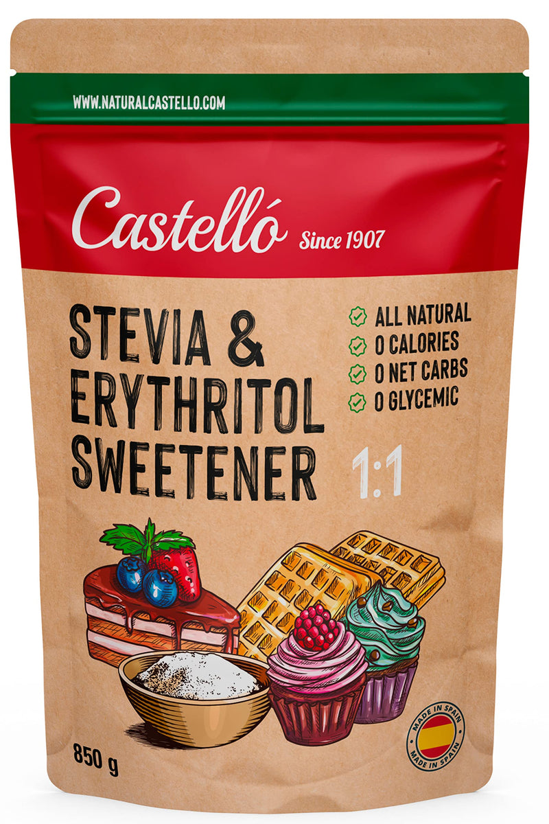[Australia] - Stevia + erythritol 1:1 sweetener | 1g = 1g sugar | 100% Natural Sugar Substitute - 0 Calories - 0 Glycemic Index - Keto and Paleo - 0 Net Carbs - No GMO - Castello since 1907-850 g 