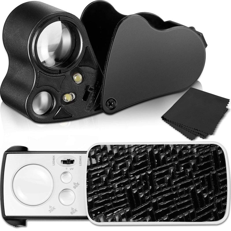 [Australia] - 2 Pieces Jewelers Magnifying Glass 30X 60X 90X Illuminated Eye Magnifier Jewelry Magnification Glass Loop with UV Black Light and Bright LED Light for Jewelry Diamond Gemstone Coin (Black) Black 