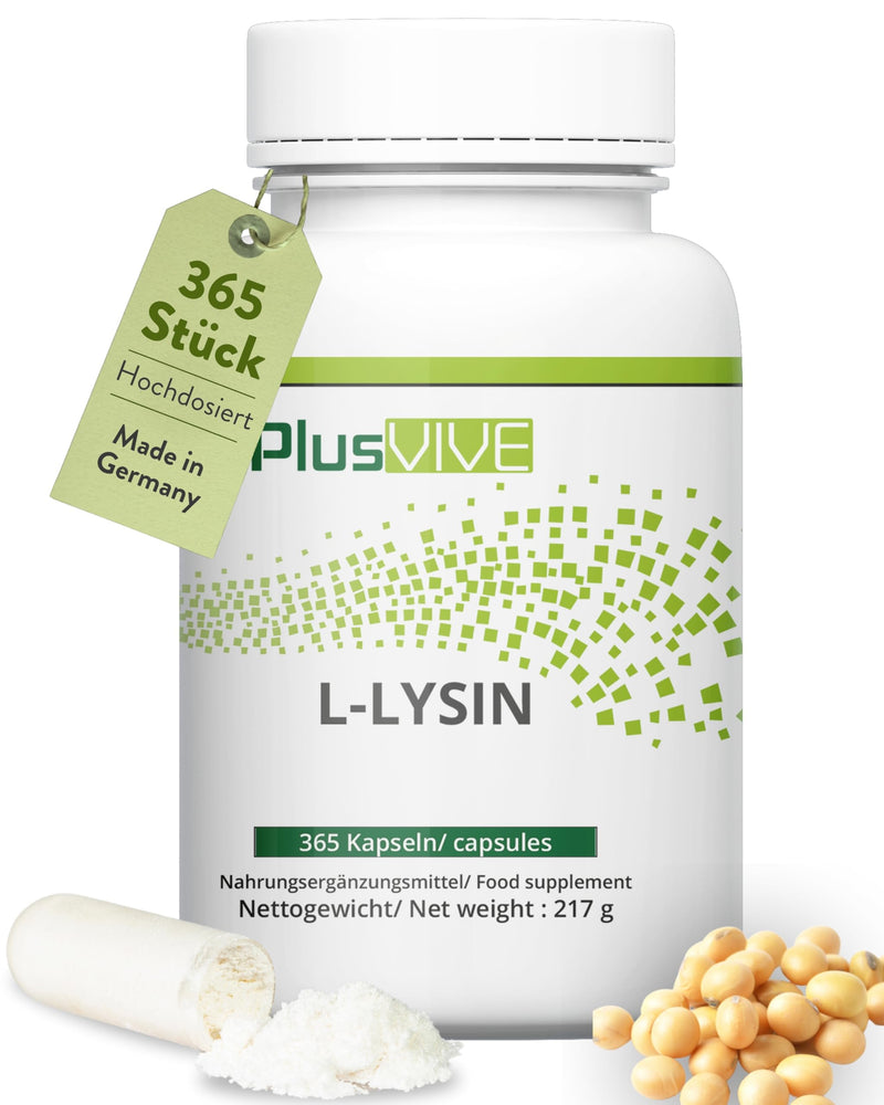 [Australia] - PlusVive L-Lysine capsules high dosage I 1x 365 capsules I 500mg L-Lysine Hcl per capsule I Essential amino acid I From plant-based fermentation I Vegan & laboratory-tested dietary supplement 
