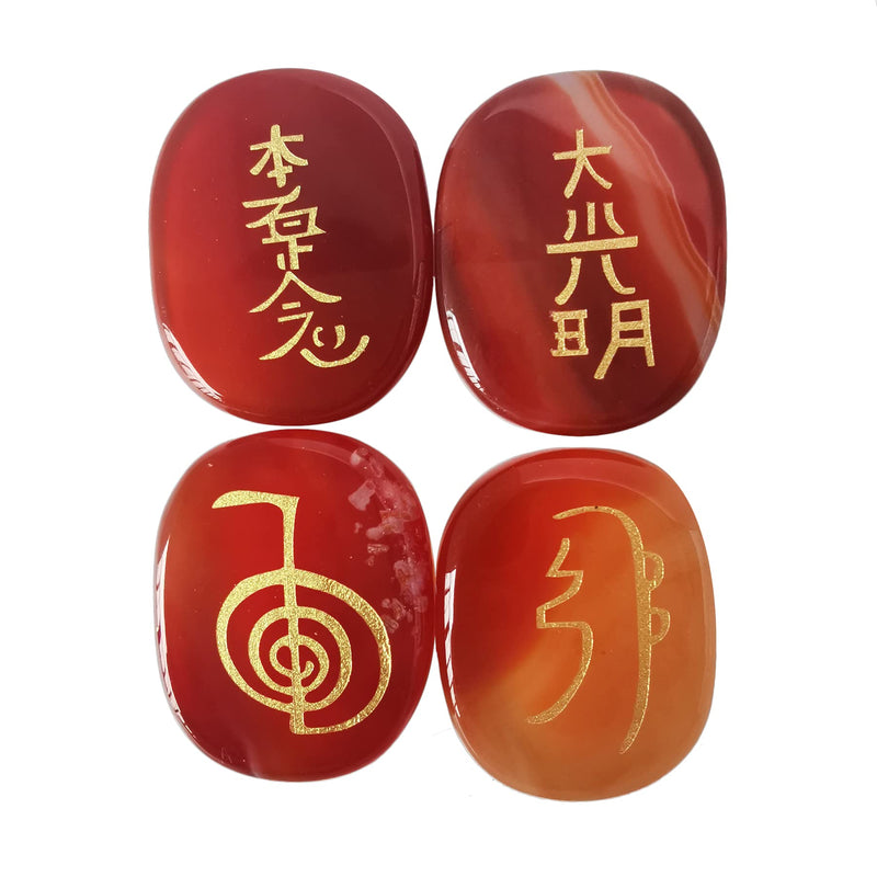 [Australia] - Lovionus89 Pack of 4 Red Agate Engraved Chakra Stones Healing Crystal Reiki Balancing Palm Stone, 25mm 25mm 