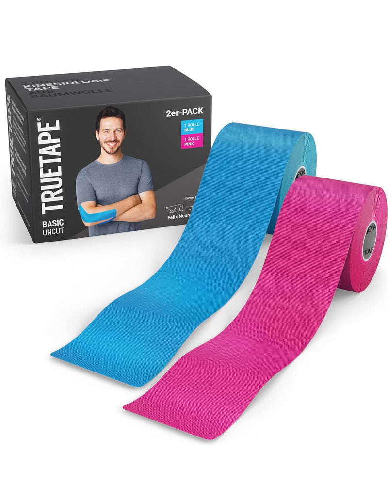 [Australia] - TRUETAPE® Kinesiotape - BASIC Uncut Duo - 2x rolls (5 m x 5 cm) uncut - Waterproof & Elastic Kinesiology Tape - Physiotape with strong adhesive power for everyday life & sports - Blue & Pink Blue + Pink 