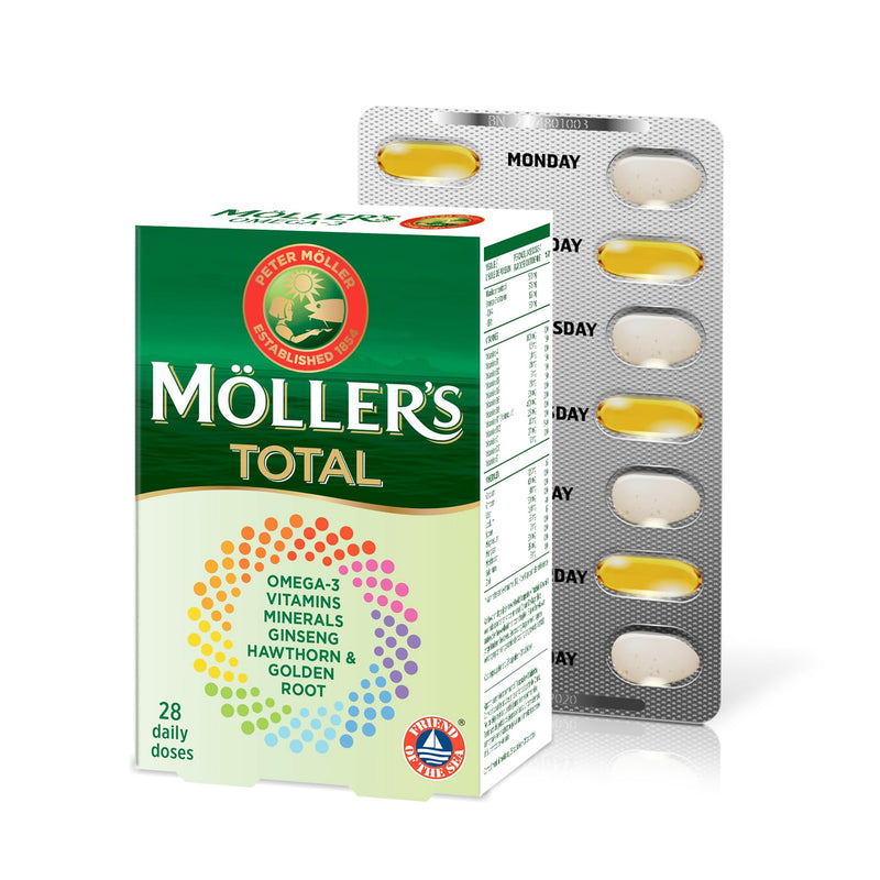 [Australia] - Möller ® | Total | Complete daily supplement | Nordic Omega-3 dietary supplement with EPA and DHA | With vitamins and minerals | Ginseng, Hawthorn and Golden Root | 56 capsules 