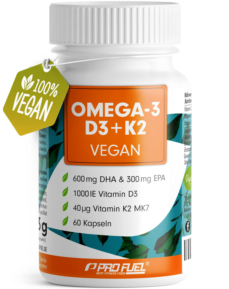 [Australia] - Omega-3 vegan + D3 & K2 (60x), 1100mg algae oil with 600mg DHA & 300mg EPA + 1000 IU vitamin D3 + 40 µg vitamin K2 - O3 D3 K2 Essentials capsules high dosage, bioavailable & laboratory tested 60 pieces (pack of 1) 