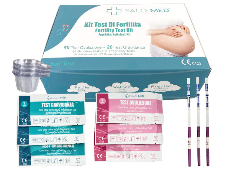 [Australia] - SALO MED - Fertility Test Kit for Women - 50 Ovulation Tests + 20 Pregnancy Tests - Individually packaged, urine test strips (50 LH + 20 HCG) included with 70 urine cups 