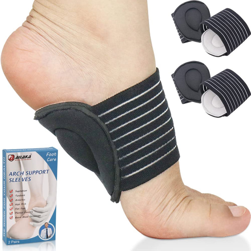 [Australia] - Ailaka 2 Pairs Arch Supports Compression Padded Plantar Fasciitis Bandages for Pain Relief and Sore Flat Feet, Heel Spurs (Black and Gray, One Size) Grey 