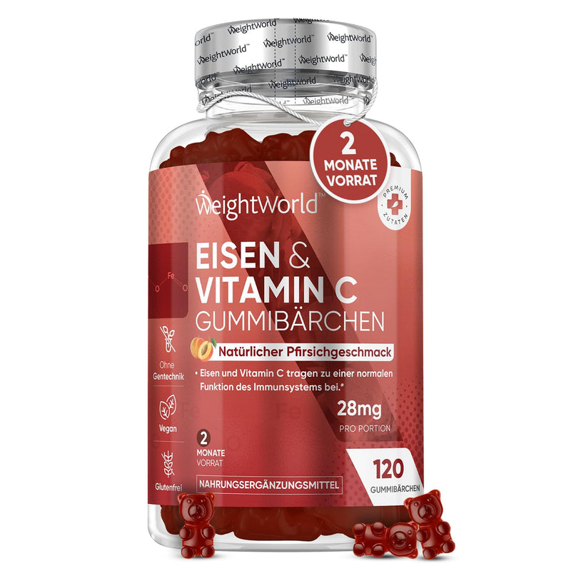 [Australia] - Iron & Vitamin C Gummy Bears - 2 Month Supply - 28mg Iron & 10mg Vit C - 120 Iron Gummies with Peach Flavor - Immune System, Metabolism (EFSA) - Alternative to Iron Tablets - WeightWorld 