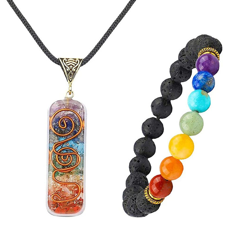 [Australia] - TOFBS Chakra Crystal Pendant Necklace & Bracelet Jewelry Set for Women Men, Reiki Healing Stone Necklace Bracelet Lucky Charm for Healing Protection Positive Energy Yoga Balance Meditation 