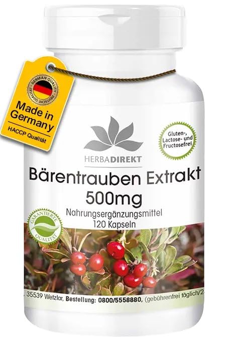 [Australia] - Bearberry extract 500mg - 120 capsules Uva Ursi - standardized to 20% arbutin - high dosage - vegan | HERBADIREKT by Warnke vital substances - German pharmacy quality 