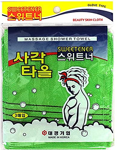 [Australia] - Daesung Sweetener, Korean Exfoliating Glove (3 pcs), Peeling Towel, Korean exfoliating Bath Washcloth (3 pcs), Death Skin Remover Made in Korea, Green 