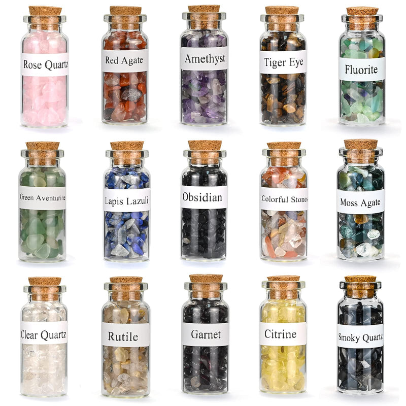 [Australia] - Pack of 15 crystal wish bottles, healing crystal tumbled stones collection set, natural quartz gravel wish bottle, Advent calendar stones for Reiki, healing, meditation 15 pieces 
