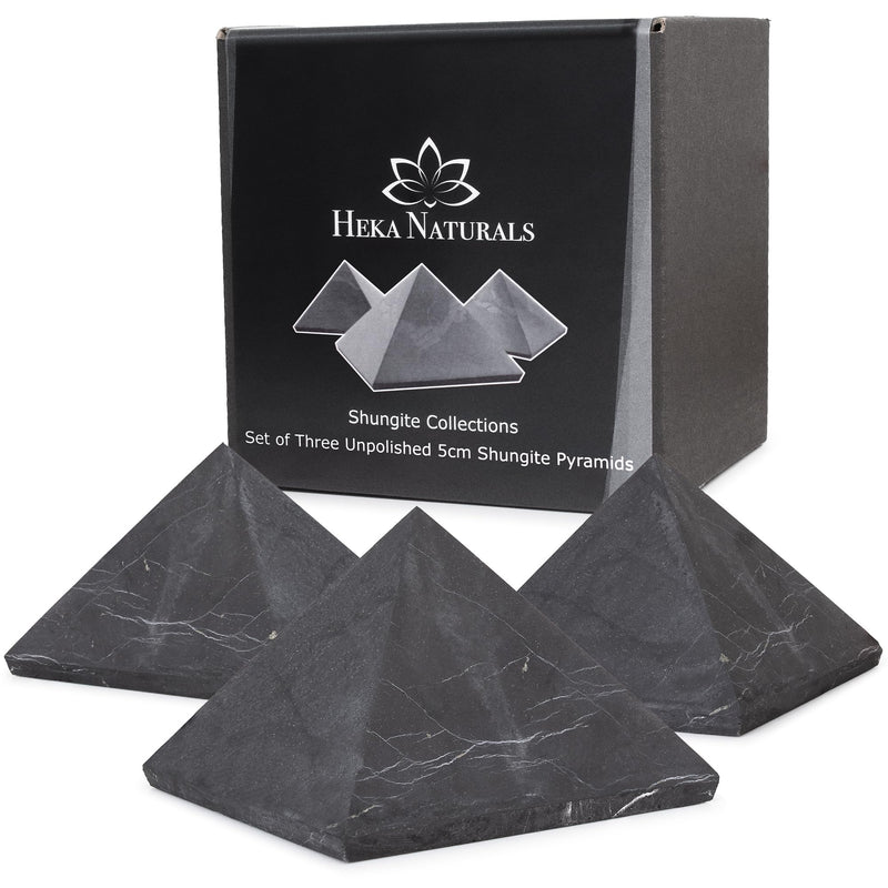 [Australia] - Heka Naturals Unpolished Shungite Pyramid Crystal Set of 3 | 5 cm - Black Mineral Stones for Decoration & Meditation - Living Room Crystals - Natural Barrier & Cleanser - Fullerene 5 Centimeters Unpolished Pyramid (Set of 3) 