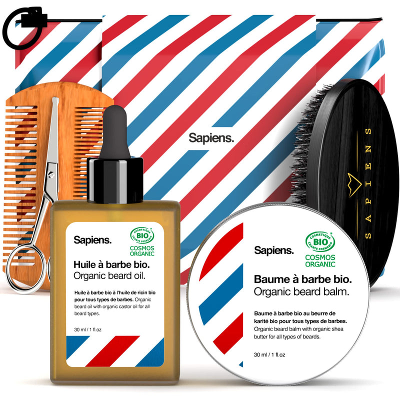 [Australia] - Sapiens BarberShop Beard Care Set for Men - Organic Beard Oil and Organic Beard Balm Cosmos Organic Certified - Beard Comb and Beard Brush, Beard Scissors, Travel Bag - Beard Care Kit Made in EU 