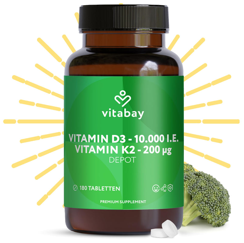 [Australia] - Vitabay Vitamin D3 K2 High Dose 10000 IU Depot - 180 Vegan & Laboratory Tested Vitamin D Tablets without Additives - Contributes to supporting the immune system and maintaining normal bones 