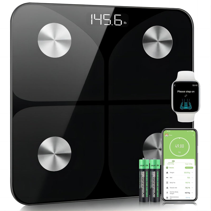 [Australia] - Body Fat Scales, Digital Scales 2025 with Body Fat and Muscle Mass with APP 180kg/400lbs, People Scales Bluetooth Body Scales for Body Fat, BMI, Weight, Water and Muscle Mass Black 260mm/10.3" 