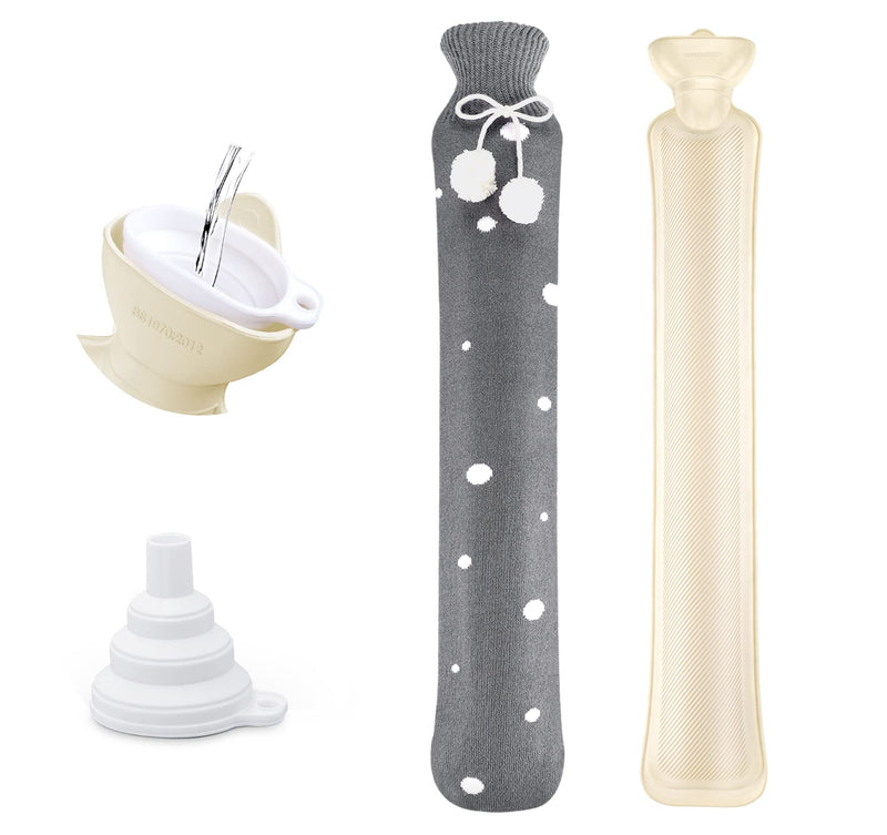 [Australia] - 73 cm hot water bottle hose long with knitted cover, hot water bottle 2 L with folding funnel, portable and washable knitted bottle cover hot water bottle for muscle pain, menstrual cramps (white/grey) white spot on grey 