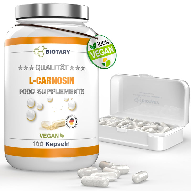 [Australia] - BIOTARY L-Carnosine 100 capsules, 1000 mg daily portion, including pill box, 100% vegan, high dosage and no additives, high bioavailability, laboratory tested, Made in Germany 100 pieces (pack of 1) 