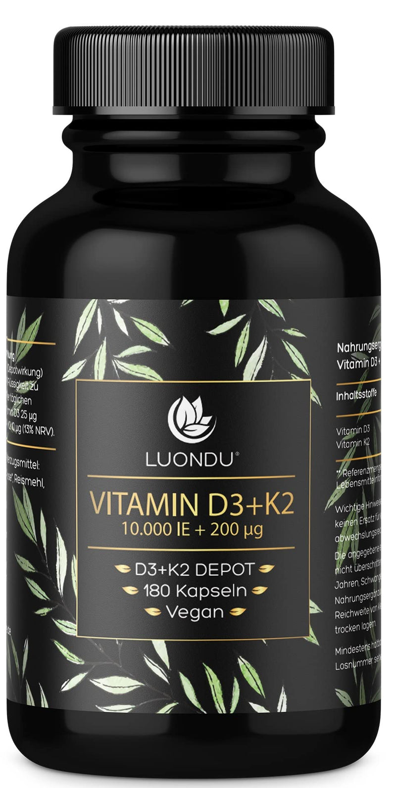 [Australia] - Luondu Vitamin D3 10,000 IU + Vitamin K2 MK7 200 mcg Depot (High Dose & Vegan) Vitamin D3 K2 Capsules High Dose (180 Capsules) 76 g (Pack of 1) 