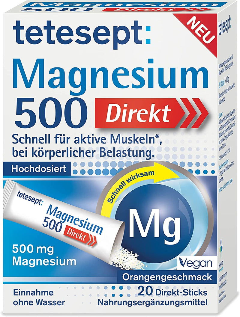 [Australia] - tetesept Magnesium 500 Direct - dietary supplement with magnesium powder to be taken without water - quick for active muscles - 1 x 20 direct sticks 2 g (pack of 20) 