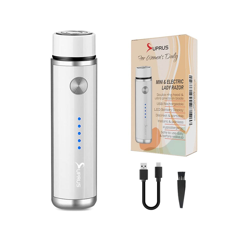 [Australia] - SUPRUS Women USB Rechargeable Electric Shaver for Face Beard Mustache Arm Leg Armpit Bikini LED Battery Indicator Wireless (White) White 
