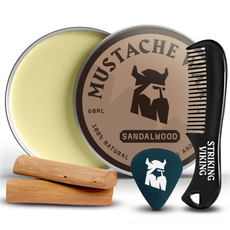 [Australia] - Striking Viking Mustache Wax and Comb Kit - Beard and Mustache Wax for Men with Strong Hold Natural Beeswax - Helps Tame, Style, and Groom (2 oz) (Sandalwood) Sandalwood 