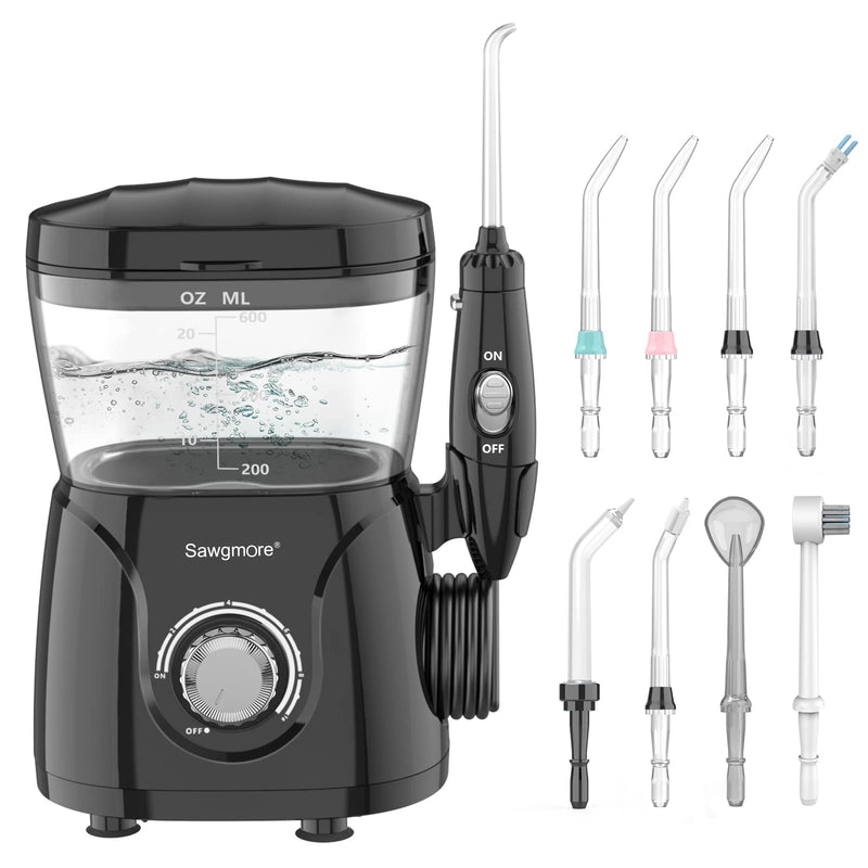 [Australia] - Sawgmore Electric Oral Irrigator with 10 Pressure Levels and 8 Nozzles, Professional Water Flosser for Dental Cleaning, 600ML Water Tank, Perfect for the Family Black 
