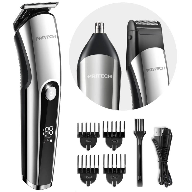 [Australia] - PRITECH Beard Trimmer for Men, 3 in 1 Hair Clipper for Men, Nose Hair Trimmer, Micro Shaver, Men's Grooming Kit, Wireless Electric LED Display, IPX6 (Silver) 