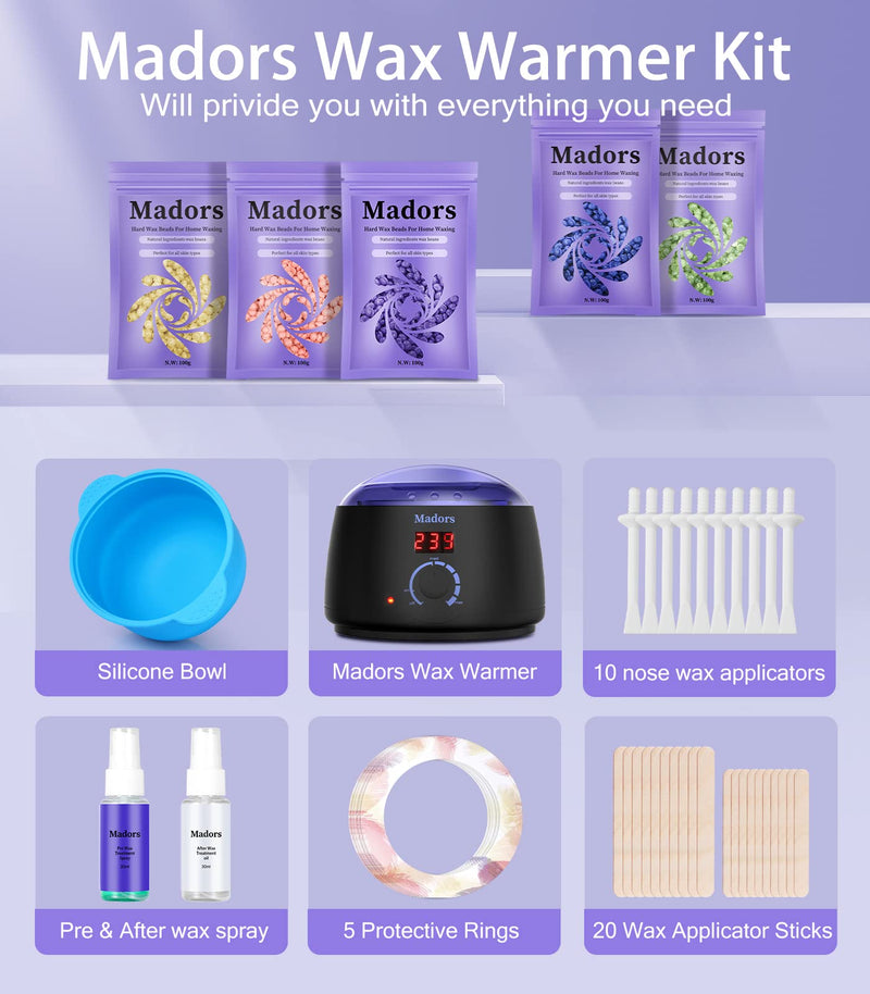 [Australia] - Madors wax warmer waxing set with LCD digital display temperature control, wax warmer with 5 pack (3.5 oz. each) hard wax beads for the whole body 