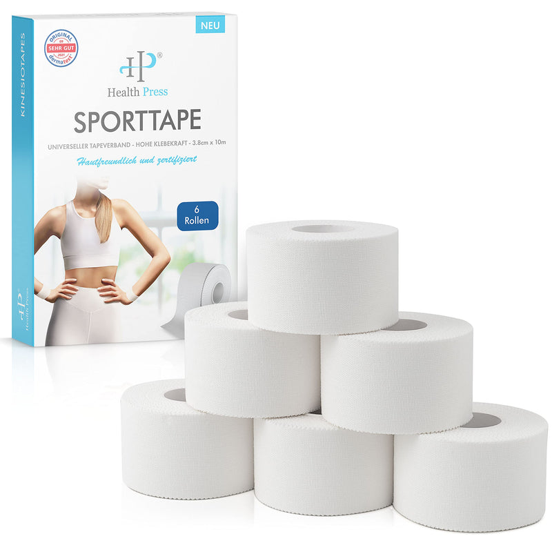[Australia] - Health Press® sports tape - 6 tape rolls (3.8 cm x 10 m) - sports tape white - tearable professional sports tape - sports tape bandage for all sports 6 pieces (3.8 x 1000 cm) white 