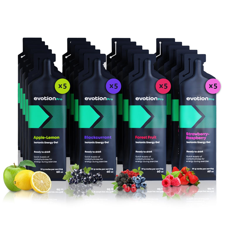 [Australia] - EVOTION PRO High Energy Gel 20 x 60ml - 80kcal 20g carbohydrates per pack - Mix Box - Maltodextrin Power Gel Sport - Liquid Powergel Energy Shot - Energy Running Running Marathon Nutrition Assortment 