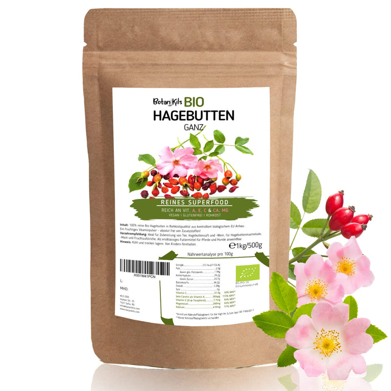 [Australia] - Rose hips organic whole 1kg, premium rose hips with high content of vitamin C, A, E, calcium and magnesium, vegan and additive-free, absolutely natural, rose hip tea, BotaniKils 