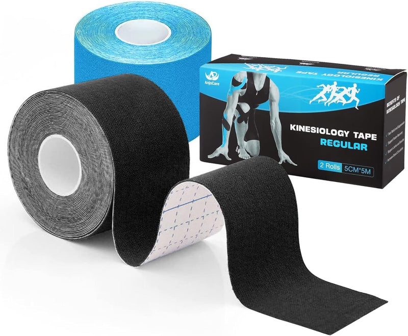 [Australia] - AnjoCare Kinesiology Tape (Uncut), Elastic Therapeutic Sports Tapes for Muscles and Joints, Physio Tape for Shoulder, Ankle, Elbow and Knee Support (2 Rolls 5M x 5CM) Blue + Black Uncut (Blue + Black) 