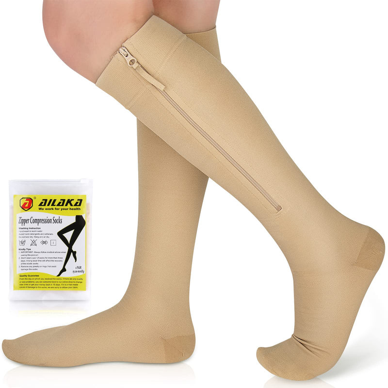 [Australia] - Ailaka Zipper Compression Stockings Medical, 15-20 mmhg Compression Stockings for Women Men, Support Stockings with Zipper for Varicose Veins, Edema, Recovery, Pregnant Large (1 Pair) Beige 