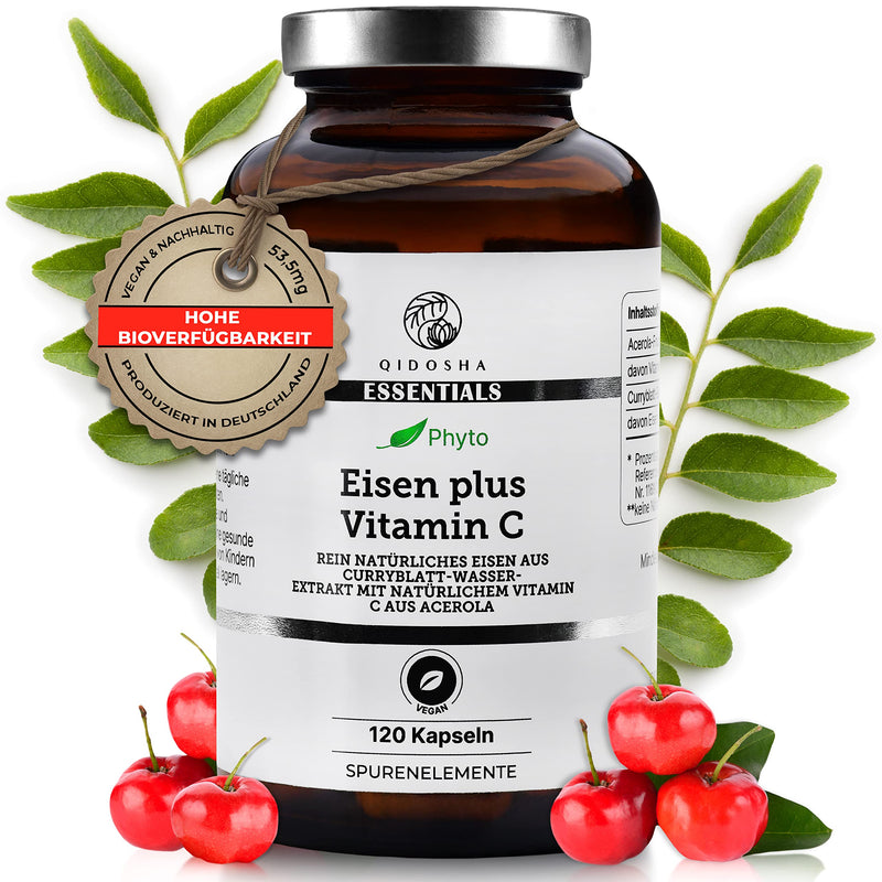 [Australia] - QIDOSHA® vegetable iron plus vitamin C capsules, 120 pieces in a glass, 14 mg per capsule of vegetable iron from curry leaf extract, supplemented with vitamin C from acerola fruit powder, laboratory tested, vegan high dose 89.7 g (pack of 1) 