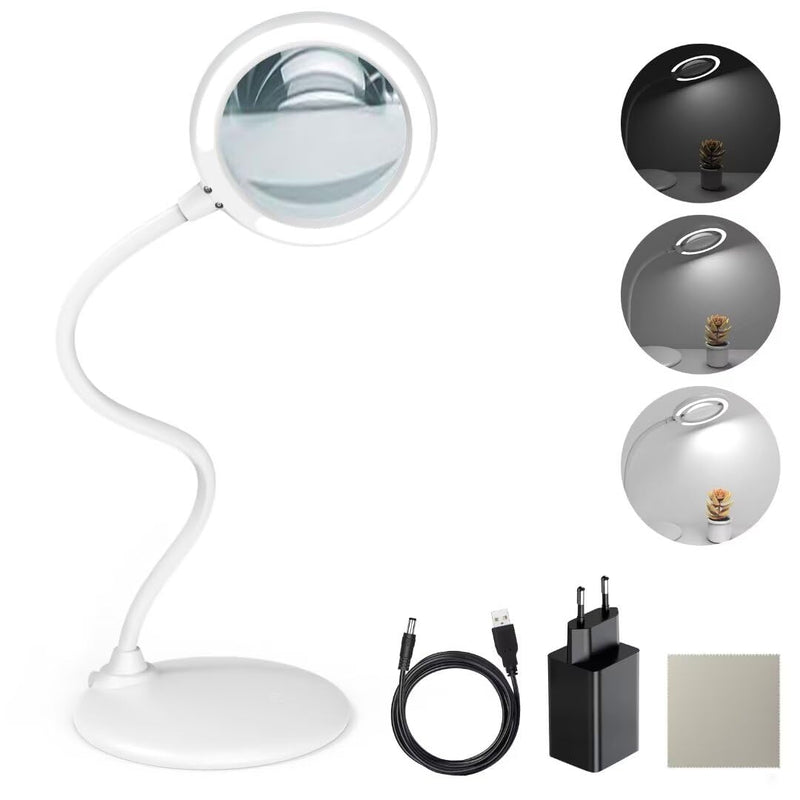 [Australia] - DUDSOEHO 3x Magnifying Glass with Light and Stand - Hand-free Touch Dimmable Magnifying Glass with LED Light for Work, Reading, Hobbies, Sewing, Crafts (White) White plugin 