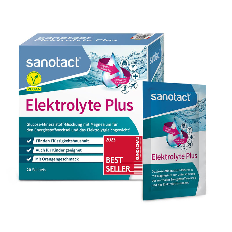 [Australia] - sanotact Electrolyte Plus (20 bags) • Electrolyte powder for fluid balance • Potassium & magnesium for electrolyte balance • 100% vegan • Recovery drink • With orange flavor Orange 6 g (pack of 20) 