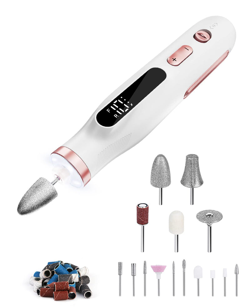 [Australia] - Manicure Pedicure Set Wireless Portable, 2 in 1 Heartyfly Manicure Set Electric & Pedicure Set Foot Care Electric, USB Rechargeable 10 Levels Adjustable 15 Bits, LED Light LCD Display White 