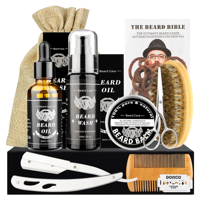 [Australia] - MXTIMWAN Beard care set for men, 10 pieces, gifts, beard set for men with beard shampoo, beard oil, beard balm, beard comb, beard brush, beard scissors, travel bag, razor with 2 interchangeable blades, instructions 