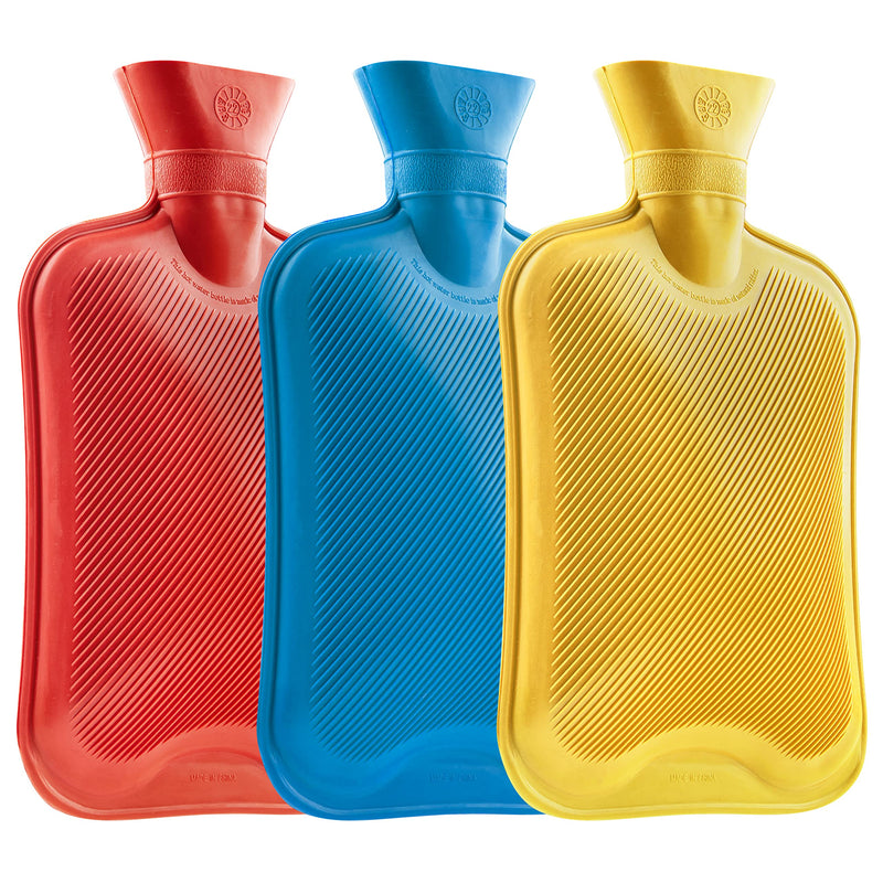 [Australia] - Hot Water Bottle Without Cover, Pack of 2 and 3 Hot Water Bottles Large 1.8L Rubber, Hot Water Bottle Robust and Durable Made of Natural Rubber, Bed Bottle for Children and Adults (Blue/Red/Yellow, 3 Pack) Blue/Red/Yellow 